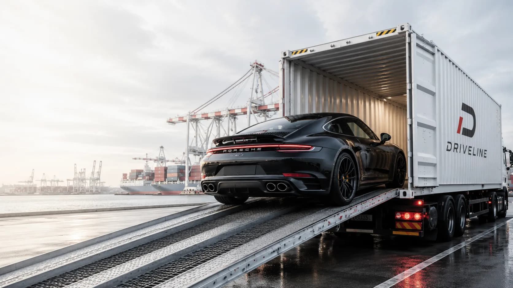 Porsche 911 chargée dans un conteneur Driveline sur un port — importation de véhicules